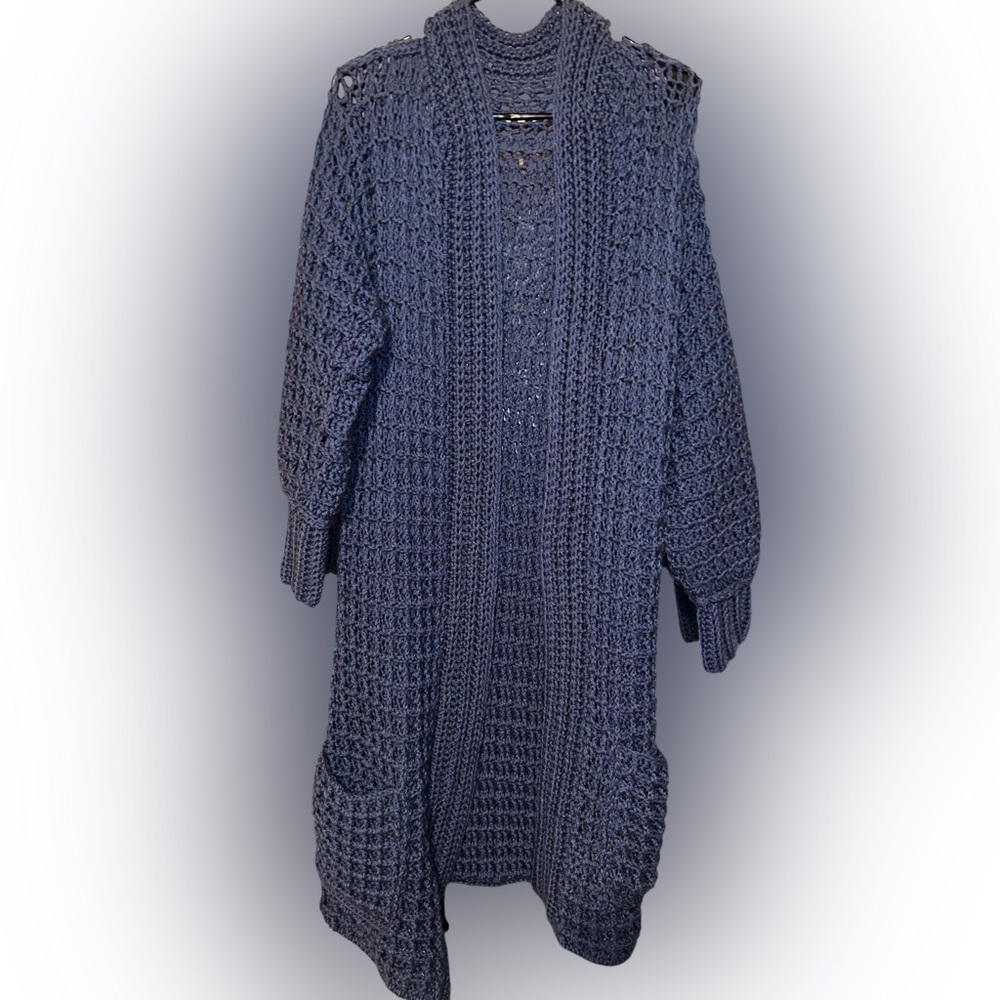 Size Large, Blue - Grey, Homemade Crocheted Women’s Cardigan